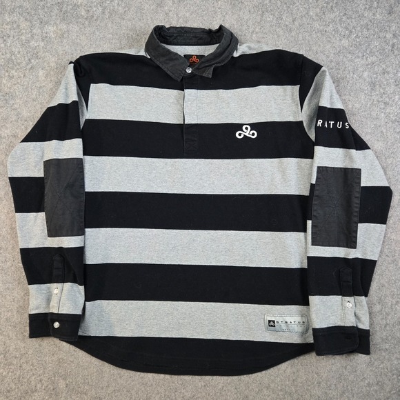 Cloud9 Other - Cloud 9 Gaming Rugby Shirt Men's L‎ Black Gray Striped Polo Elbow Patch Skater
